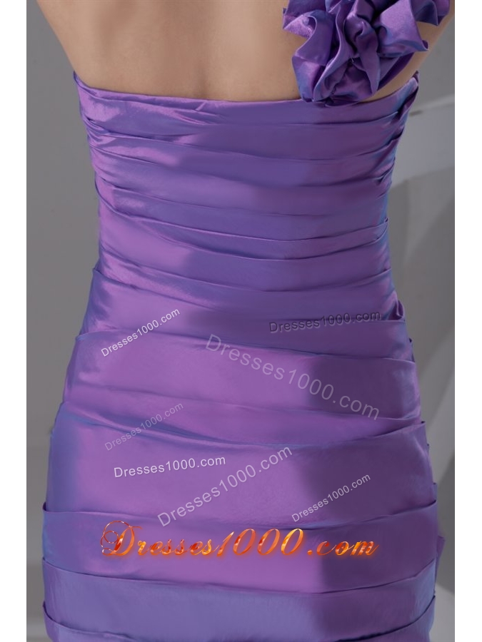 Purple Flowers Decorate One Shoulder Prom Dress with Ruches