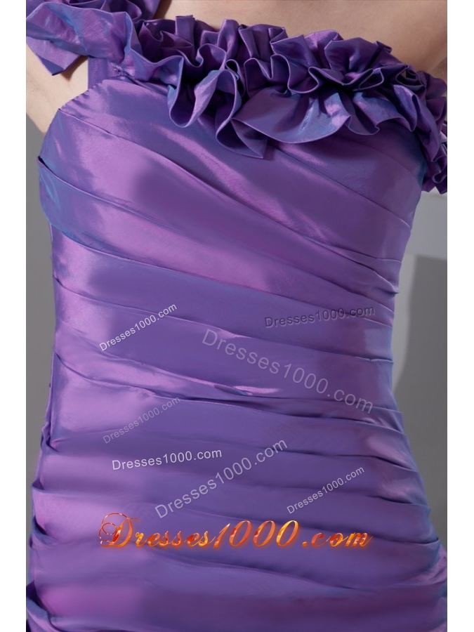 Purple Flowers Decorate One Shoulder Prom Dress with Ruches