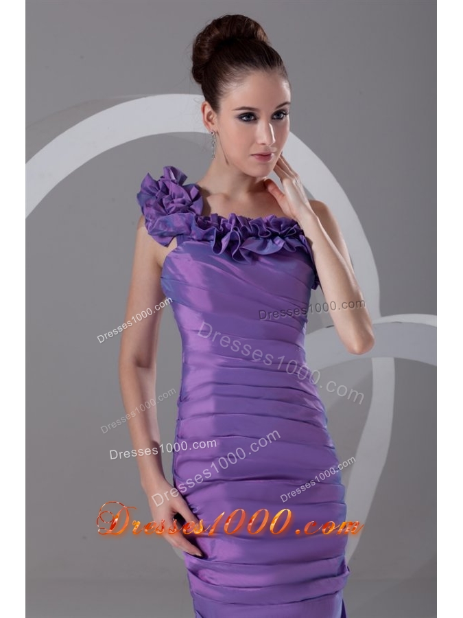 Purple Flowers Decorate One Shoulder Prom Dress with Ruches