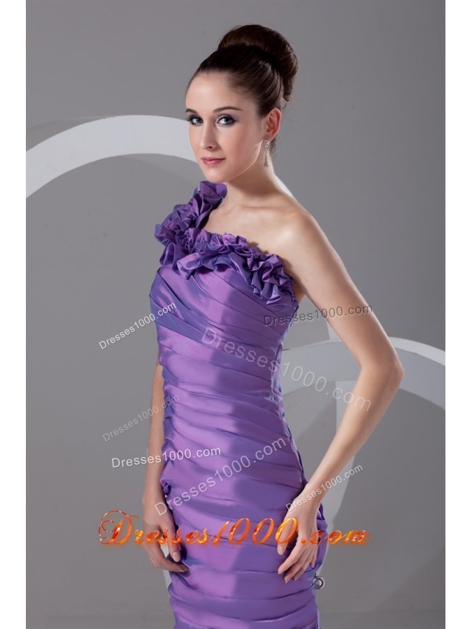 Purple Flowers Decorate One Shoulder Prom Dress with Ruches