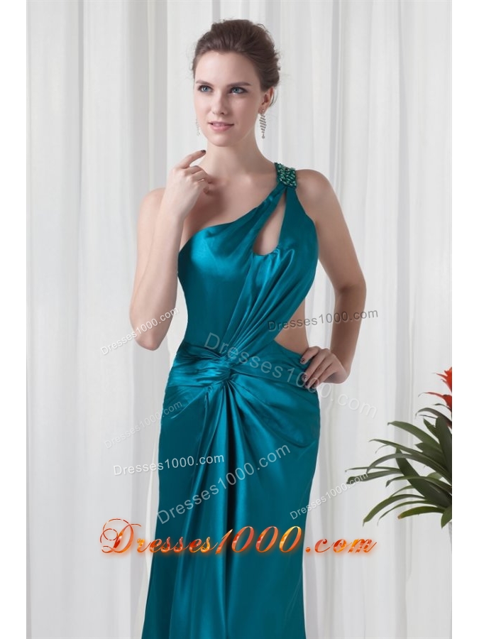 Teal One Shoulder Elastic Woven Satin Prom Dress with Cross Cross