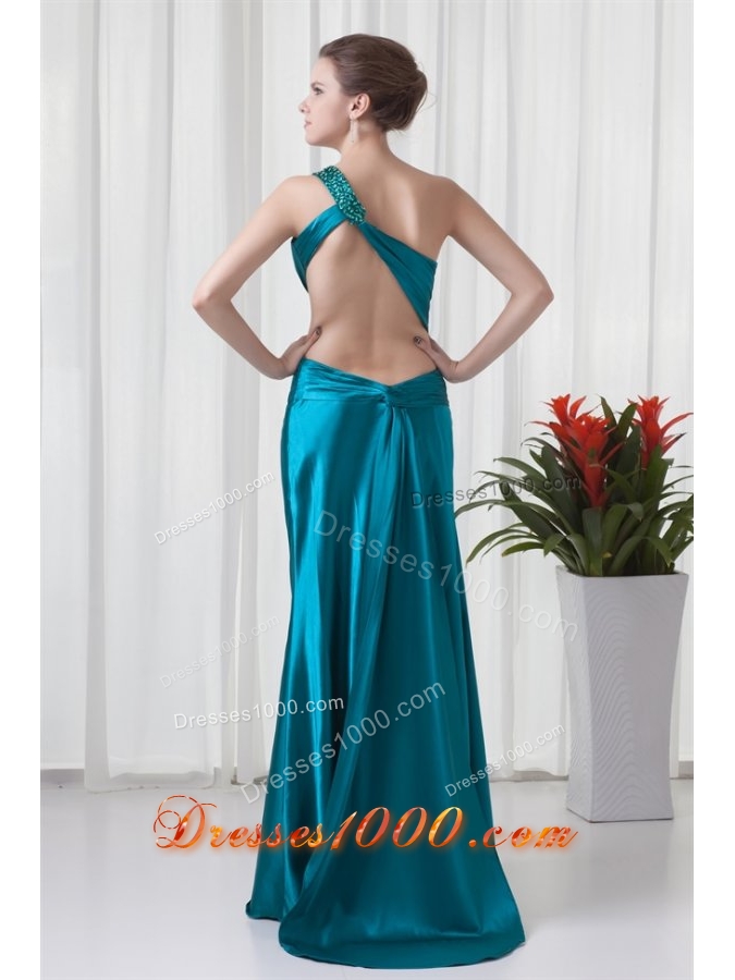 Teal One Shoulder Elastic Woven Satin Prom Dress with Cross Cross