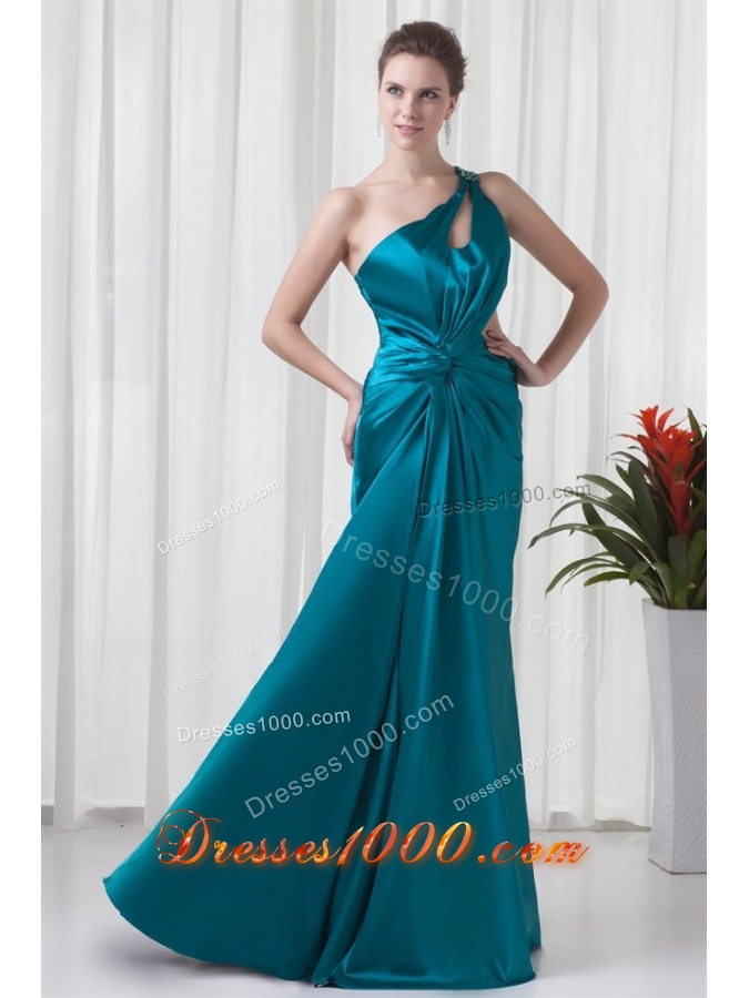 Teal One Shoulder Elastic Woven Satin Prom Dress with Cross Cross