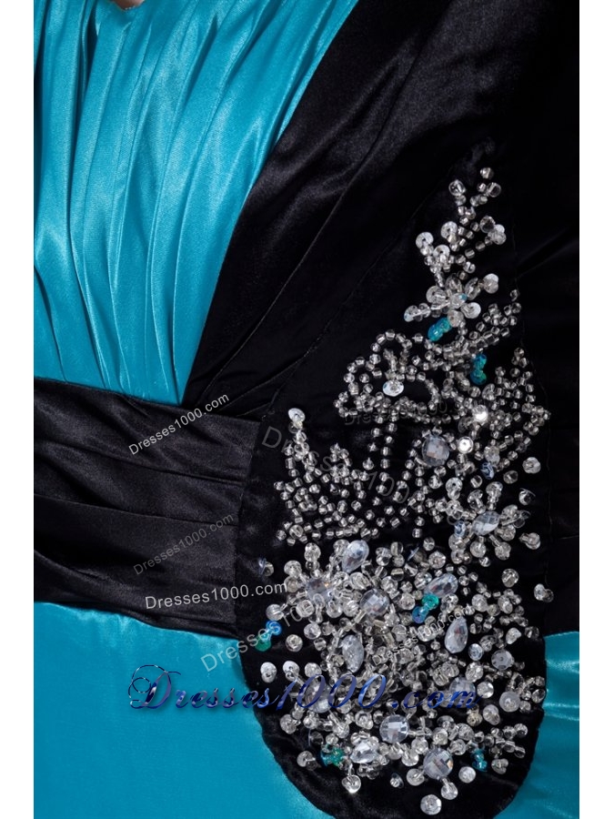 Black and Blue Elastic Woven Satin Prom Dress with Cap Sleeves