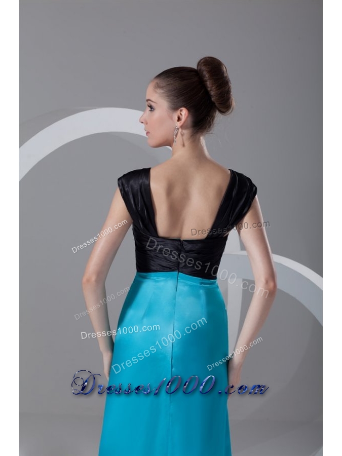 Black and Blue Elastic Woven Satin Prom Dress with Cap Sleeves