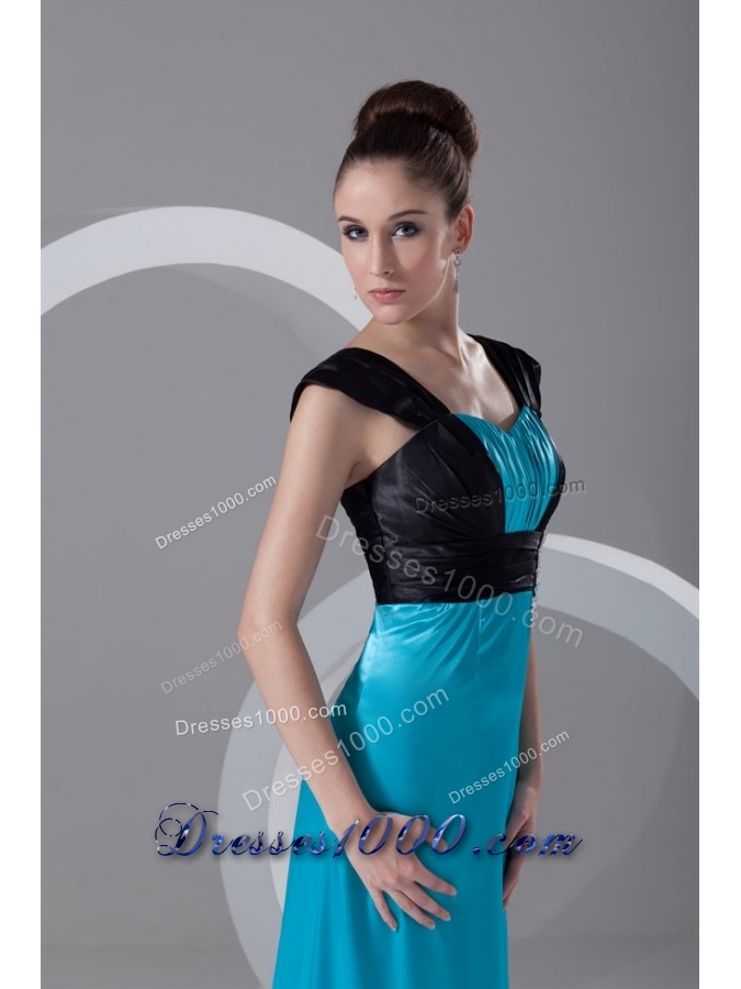 Black and Blue Elastic Woven Satin Prom Dress with Cap Sleeves