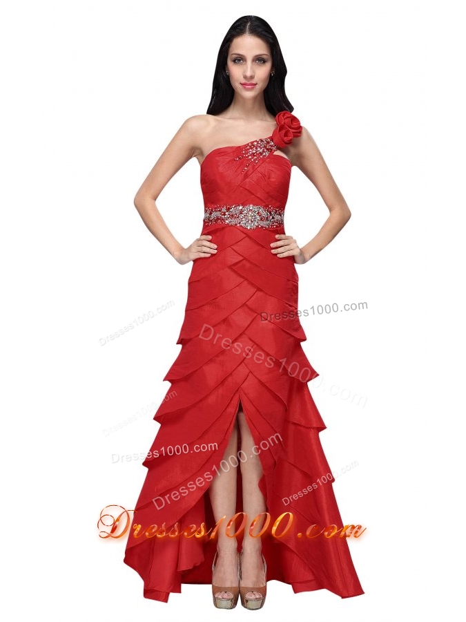 Wine Red Strapless Beading Ruffled Layers Prom Dress with Flower