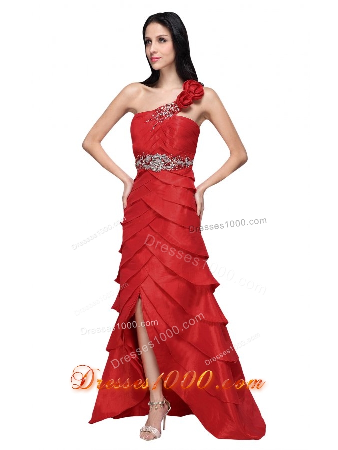 Wine Red Strapless Beading Ruffled Layers Prom Dress with Flower