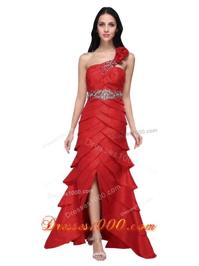 Wine Red Strapless Beading Ruffled Layers Prom Dress with Flower