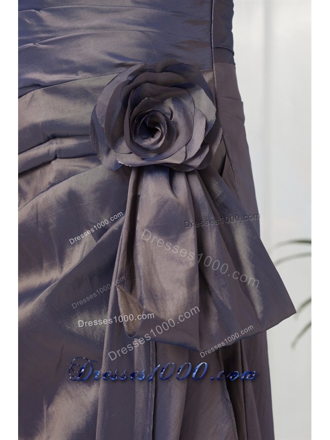 Formal Sweetheart Grey Prom Dress with Ruches and Flowers