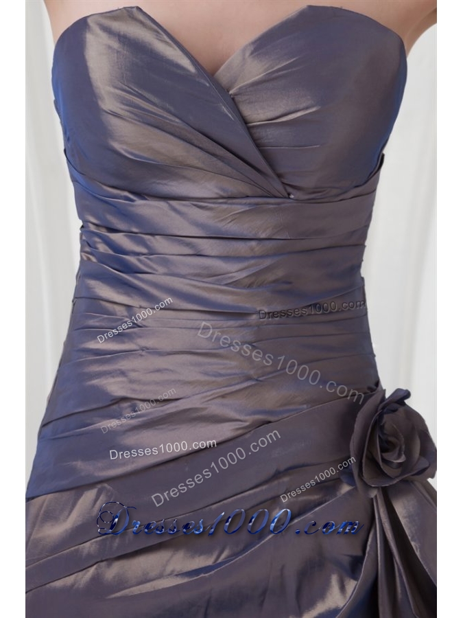 Formal Sweetheart Grey Prom Dress with Ruches and Flowers