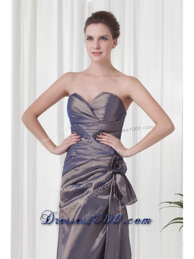 Formal Sweetheart Grey Prom Dress with Ruches and Flowers