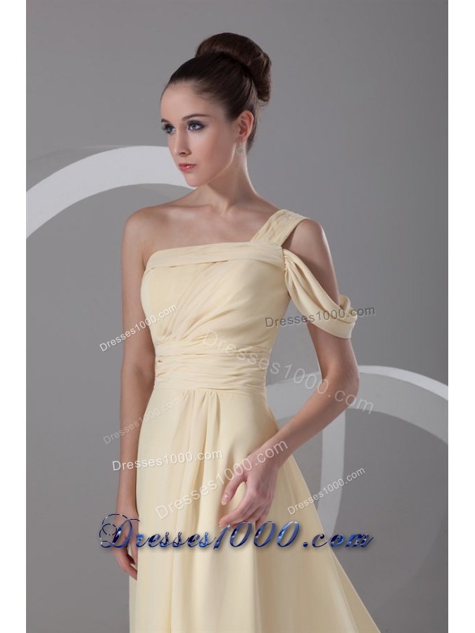 Light Yellow One Shoulder Chiffon Prom Dress with Beading