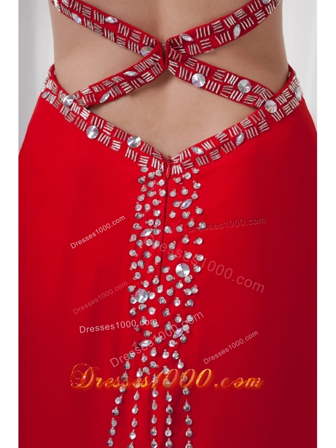 Red Column Straps Brush Train Prom Dress with Cross Cross