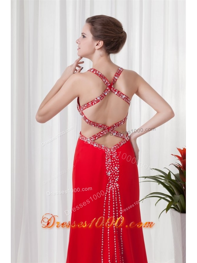 Red Column Straps Brush Train Prom Dress with Cross Cross