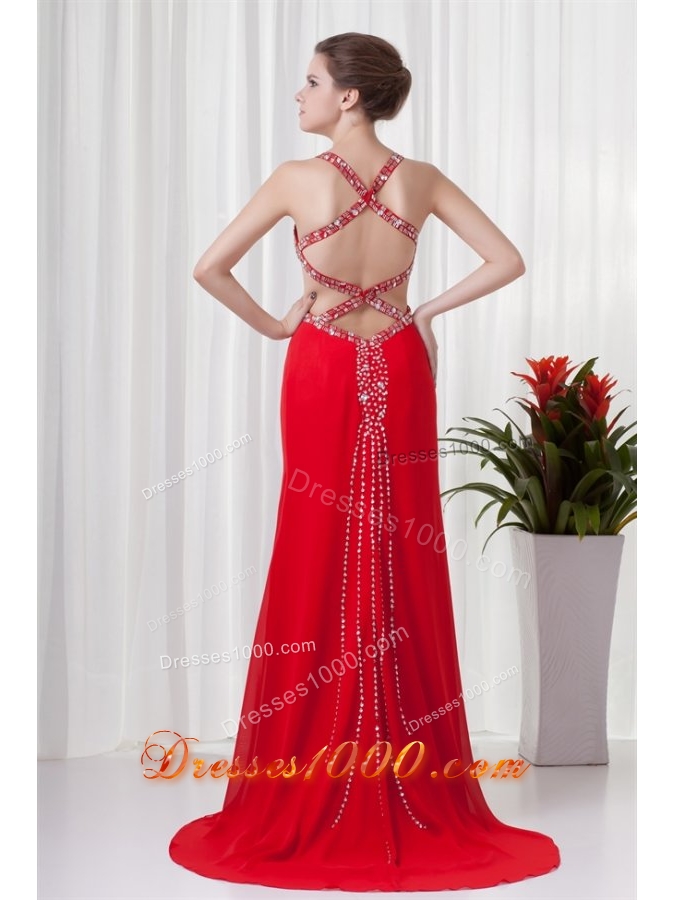 Red Column Straps Brush Train Prom Dress with Cross Cross