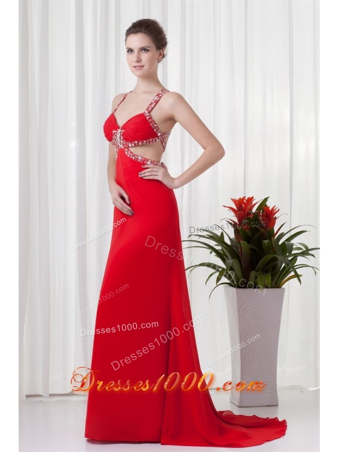Red Column Straps Brush Train Prom Dress with Cross Cross