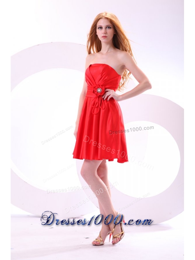 Simple Strapless Mini-length Red Prom Dress with Ruching