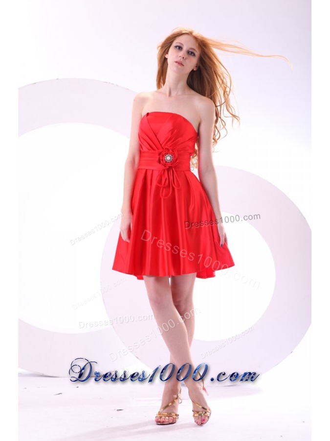 Simple Strapless Mini-length Red Prom Dress with Ruching