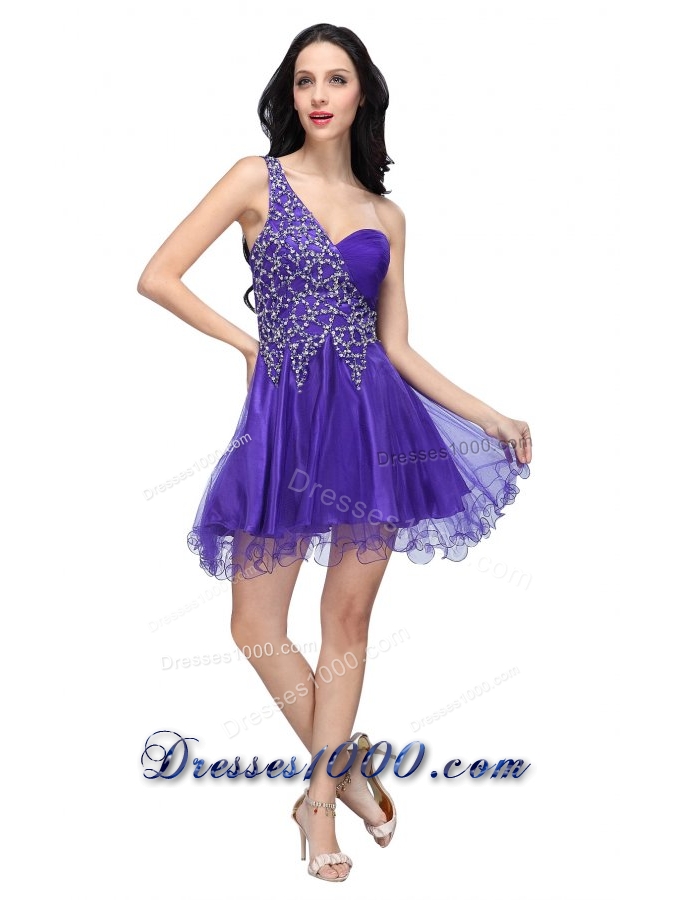 Most Sexy Purple One Shoulder Beading Tulle Prom Cocktail Dress