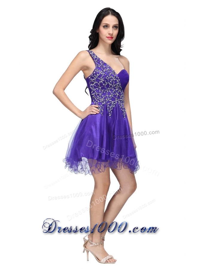 Most Sexy Purple One Shoulder Beading Tulle Prom Cocktail Dress