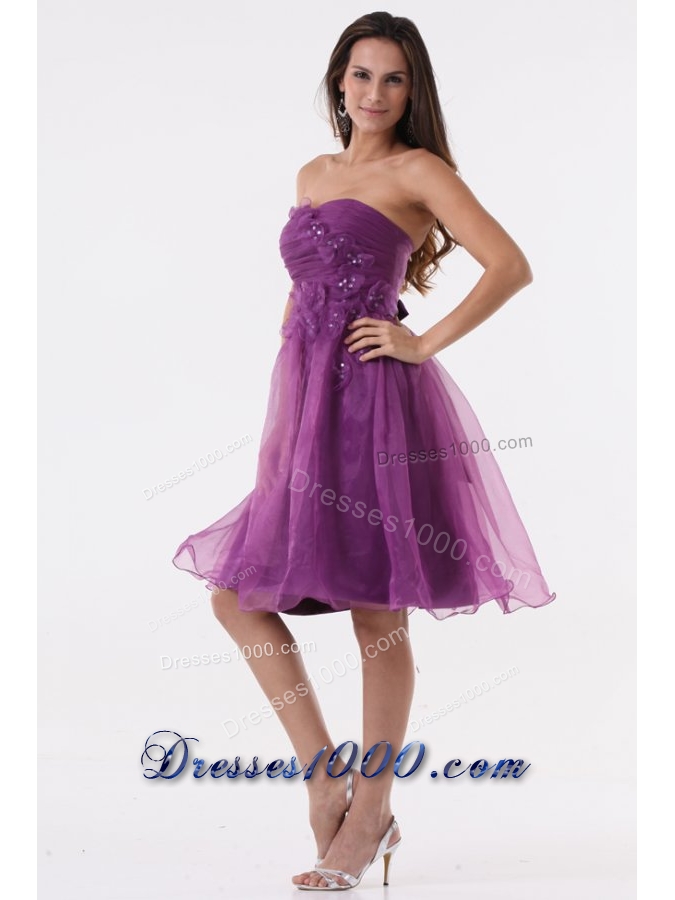 Lovely Purple Strapless Appliques Organza Knee-length Prom Dress