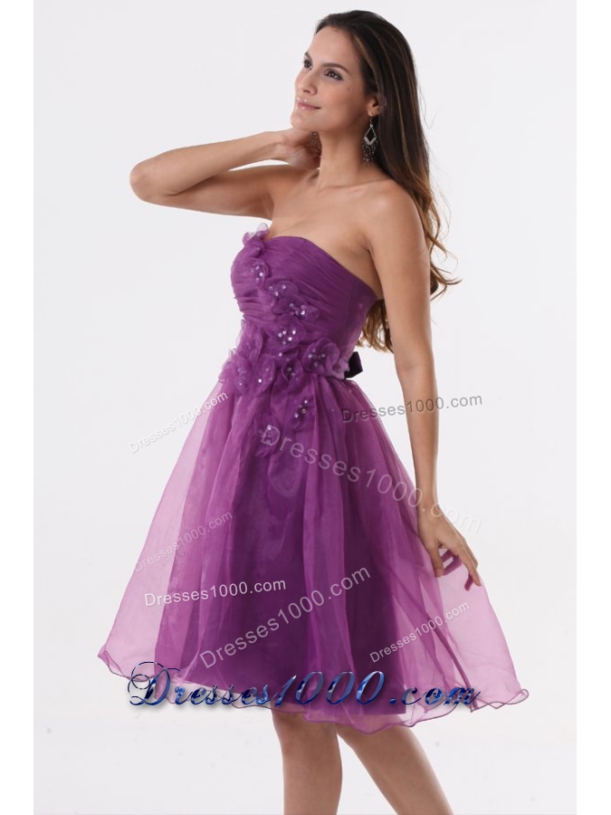 Lovely Purple Strapless Appliques Organza Knee-length Prom Dress