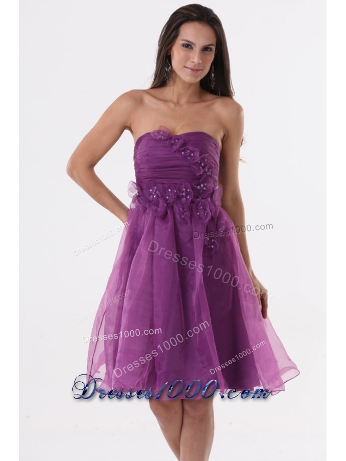 Lovely Purple Strapless Appliques Organza Knee-length Prom Dress