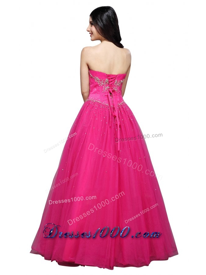 Hot Pink Strapless Appliques Organza Beading Prom Dress