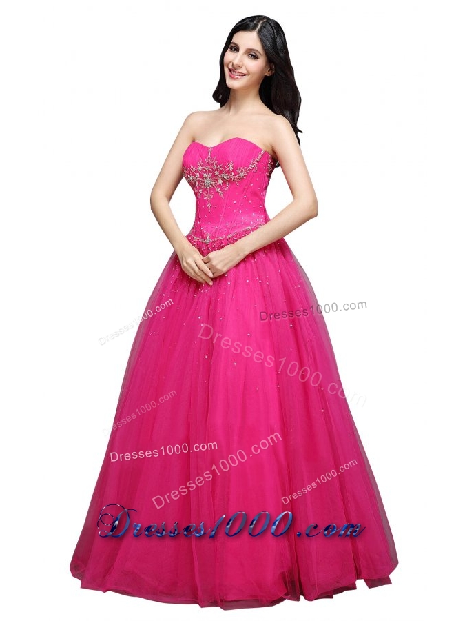 Hot Pink Strapless Appliques Organza Beading Prom Dress