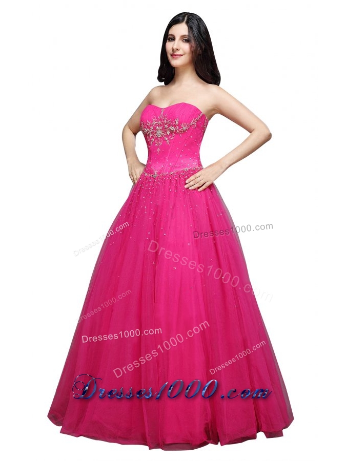 Hot Pink Strapless Appliques Organza Beading Prom Dress