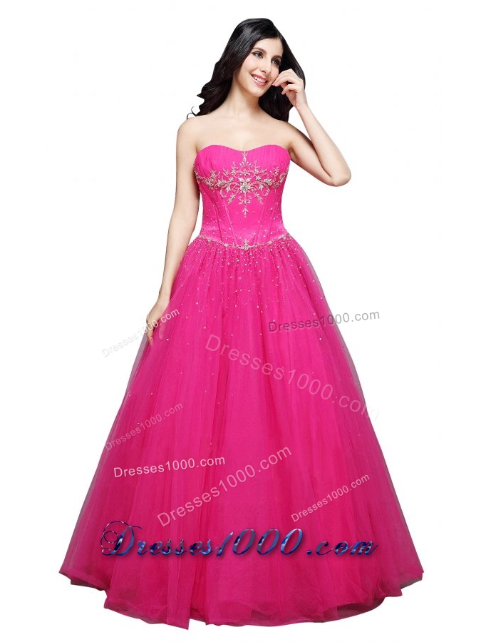 Hot Pink Strapless Appliques Organza Beading Prom Dress