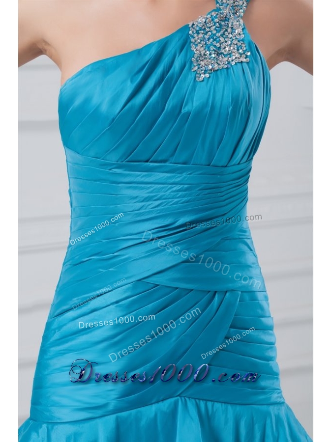 Wonderful One Shoulder Taffeta Beading Ruching Blue Prom Dress