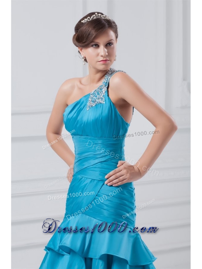 Wonderful One Shoulder Taffeta Beading Ruching Blue Prom Dress