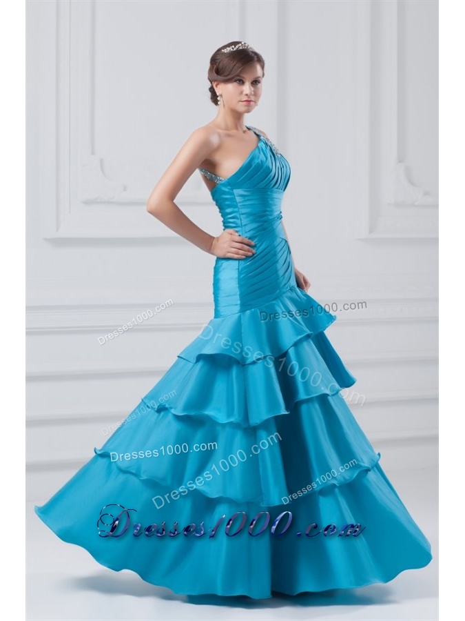 Wonderful One Shoulder Taffeta Beading Ruching Blue Prom Dress