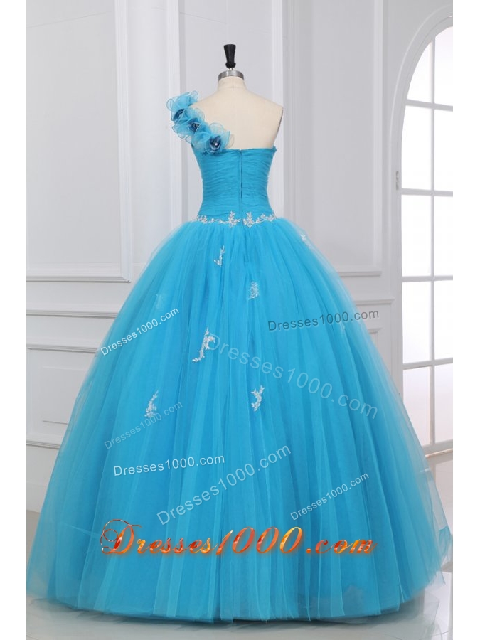 Aqua Blue Hand Made Flowers One Shoulder Quinceanera Dress