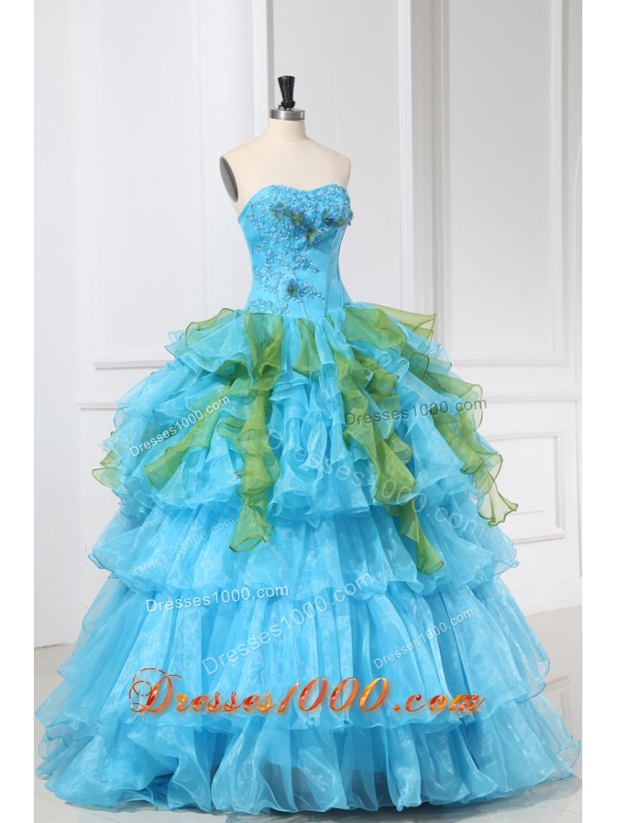 Lovely Aqua Blue and Green Ruffles Organza Quinceanera Dress