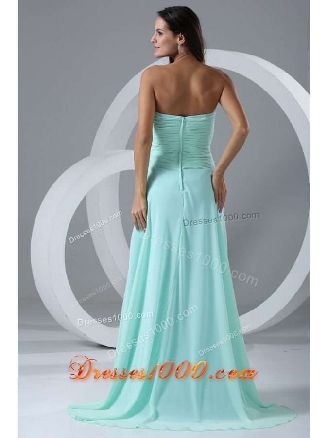 Aqua High Slit Sexy Prom Dress with Flowers and Ruching
