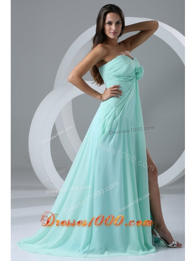 Aqua High Slit Sexy Prom Dress with Flowers and Ruching