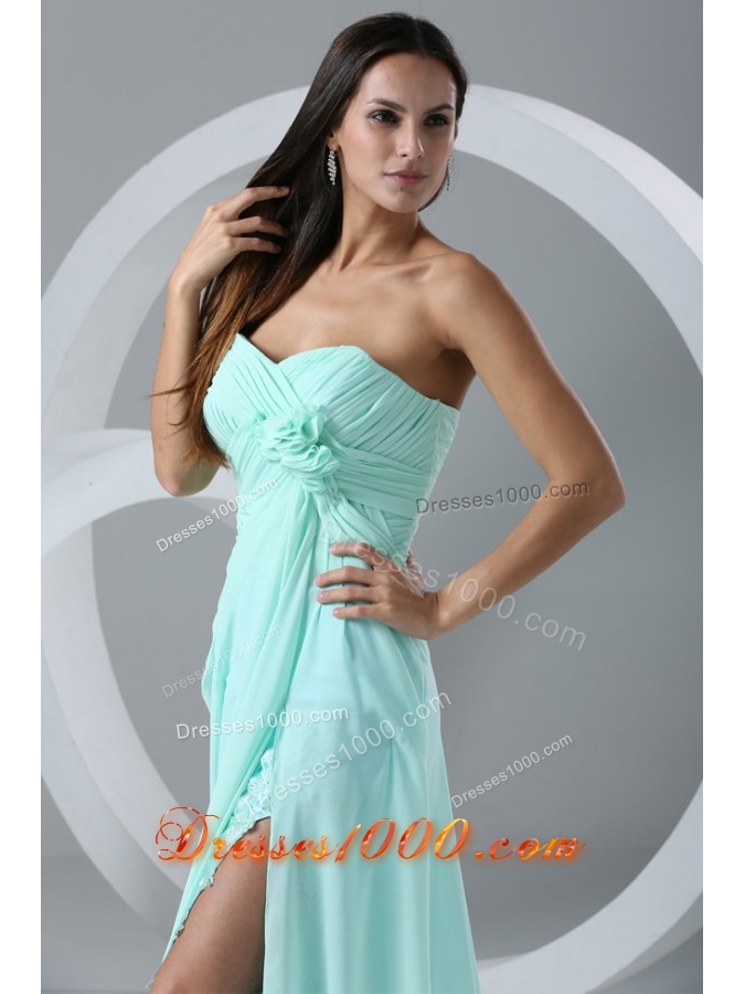 Aqua High Slit Sexy Prom Dress with Flowers and Ruching