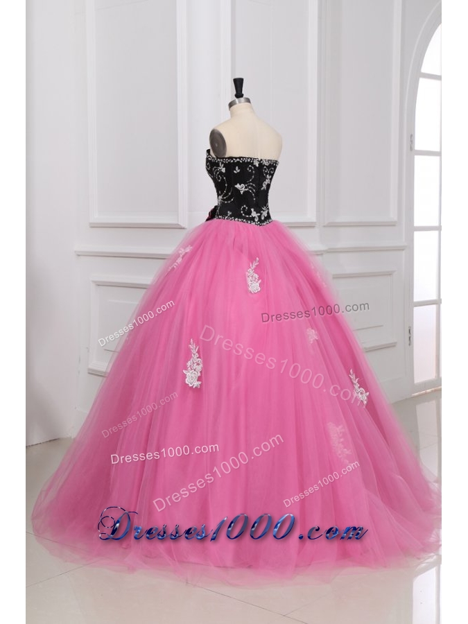 Black and Rose Pink Beading and Appliques Quinceanera Dress