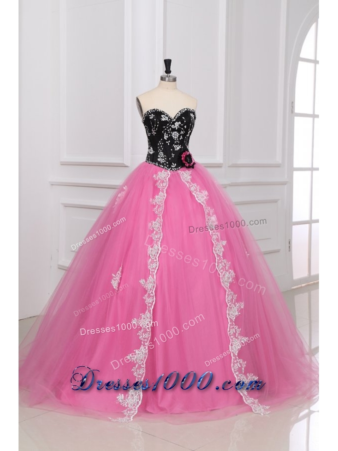 Black and Rose Pink Beading and Appliques Quinceanera Dress