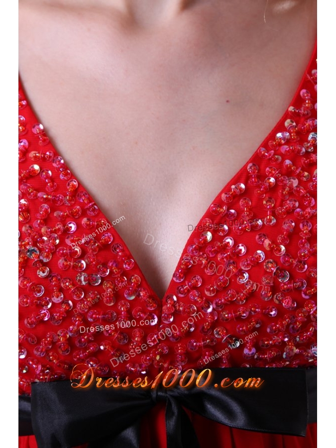 Red Beading Ankle-length V-neck Chiffon Prom Dress For Girls