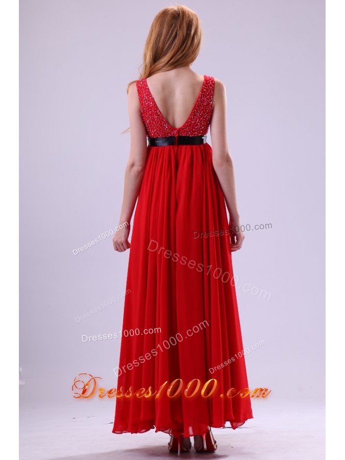 Red Beading Ankle-length V-neck Chiffon Prom Dress For Girls