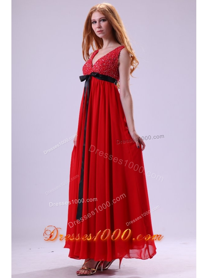 Red Beading Ankle-length V-neck Chiffon Prom Dress For Girls