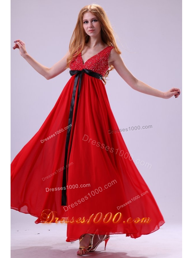 Red Beading Ankle-length V-neck Chiffon Prom Dress For Girls