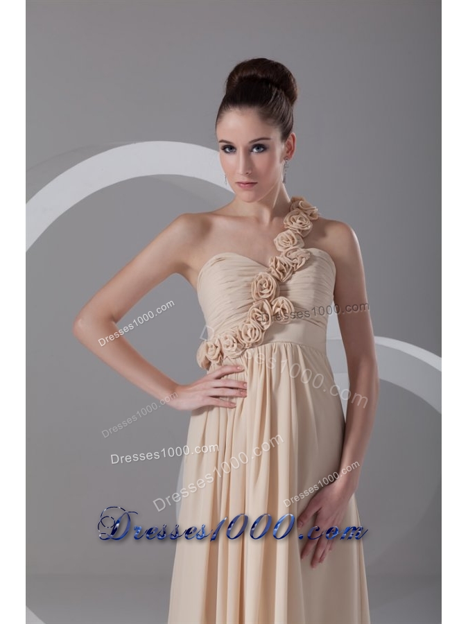 Champagne One Shoulder Chiffon Prom Dress with Hand Flowers