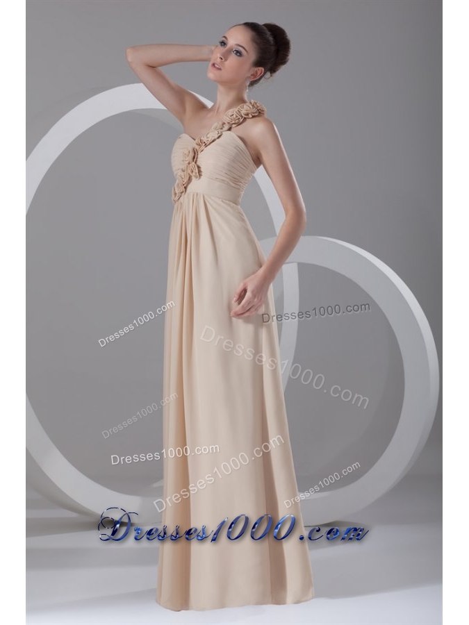 Champagne One Shoulder Chiffon Prom Dress with Hand Flowers