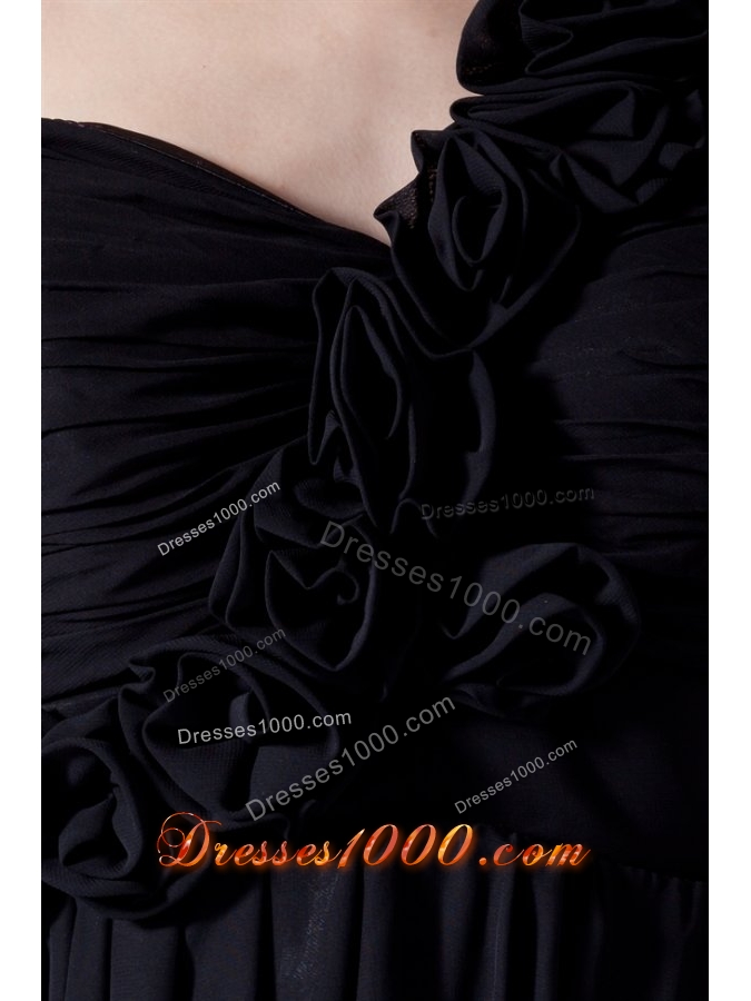 Simple Black Empire One Shoulder Prom Dress With Flowers