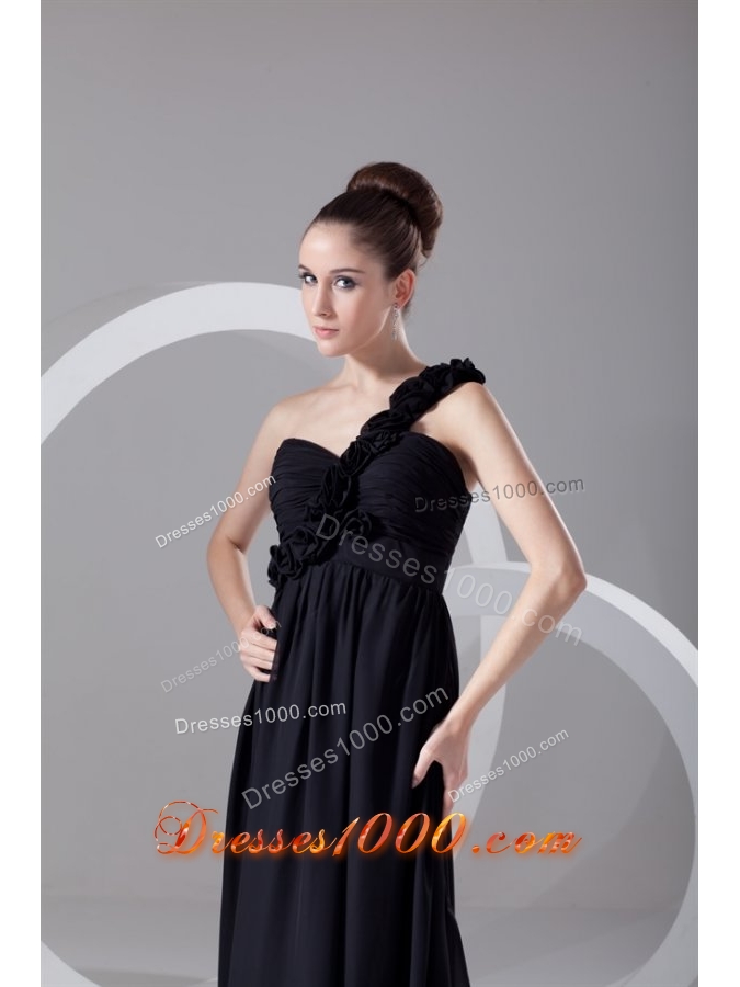 Simple Black Empire One Shoulder Prom Dress With Flowers